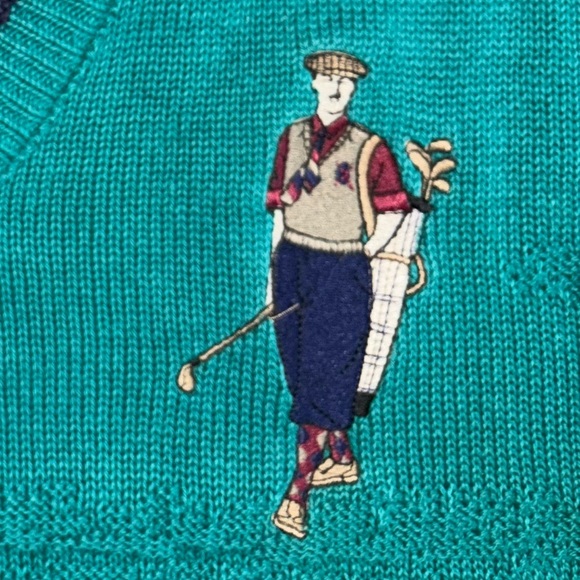 Vtg Winona Knits Embossed Golf Sweater M Teal V-Neck Pullover Embroidered Preppy - Picture 9 of 12